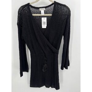 L*Space Topanga Dress Black Knit Boho Tassel Mini Cover-Up Bell Sleeve Small NWT